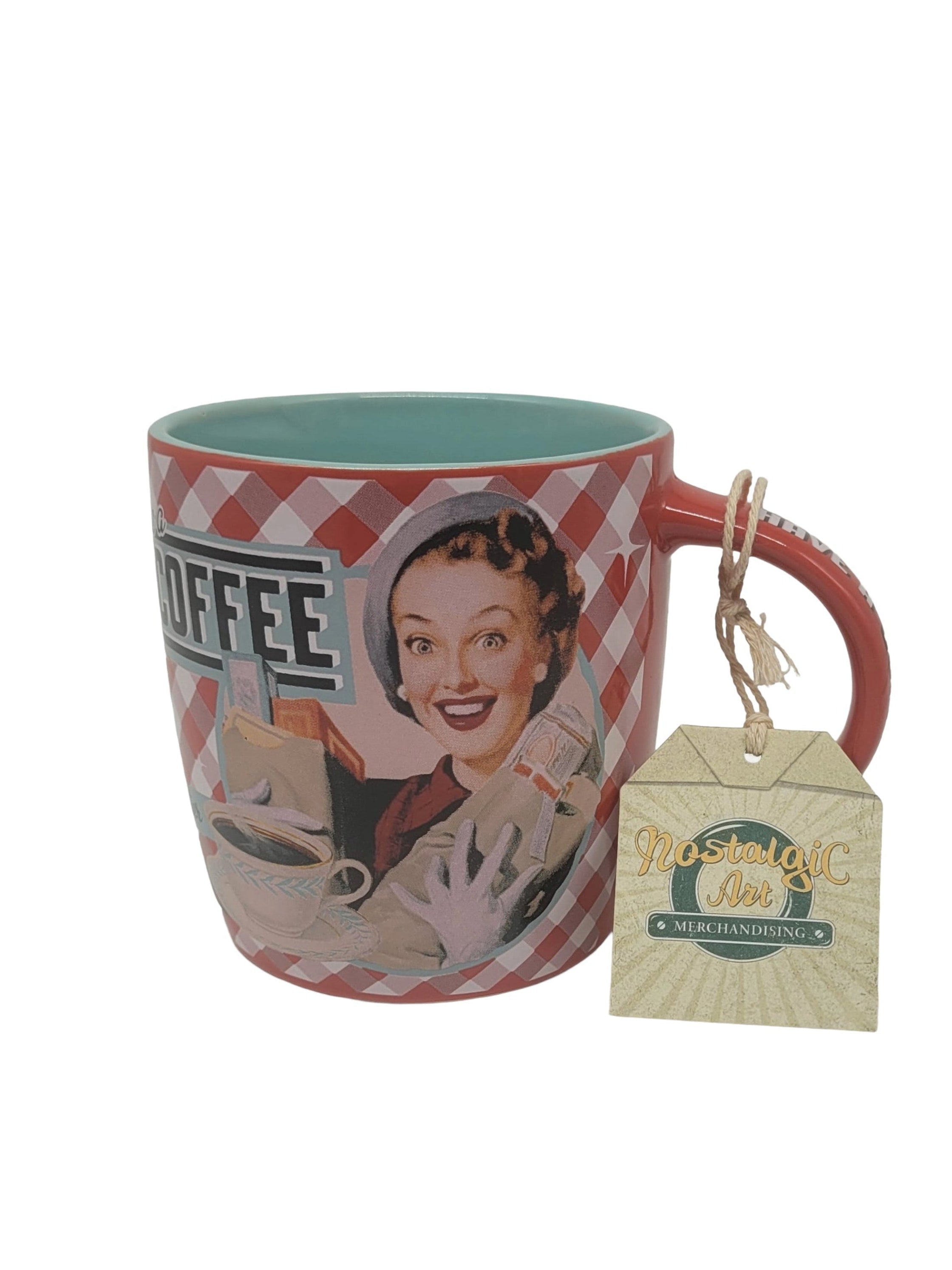 „Keramiktasse ‚Have a Coffee – Say it's 50's‘ im Nostalgic‑Art‑Design, Porträt  Frau fünfziger Jahre Outfit Hintergrund in rot weißem Karo 50er‑Jahre‑Motiv