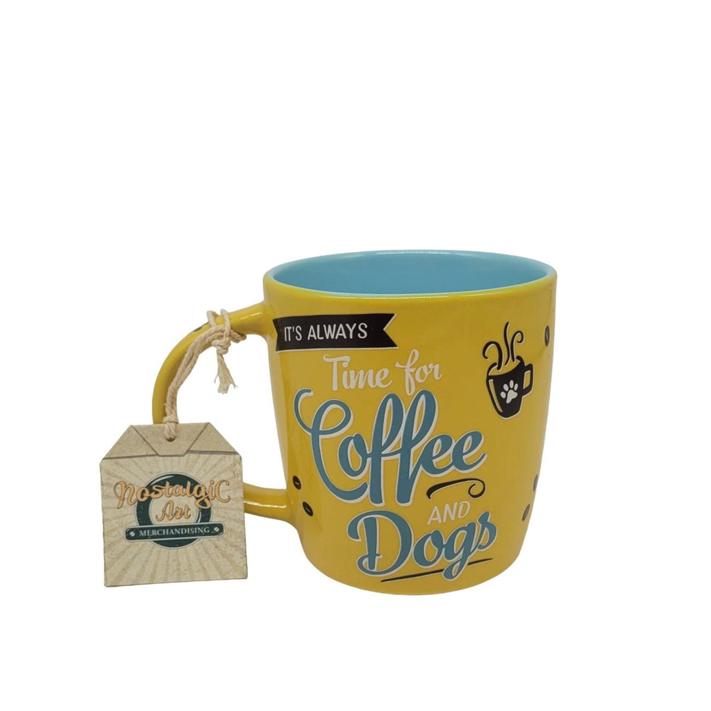 Tasse It's always time for COFFEE and DOGS (Nostalgic Art) in tollen farben,ein schönes freundliches Gelb, innen hellblau lackiert