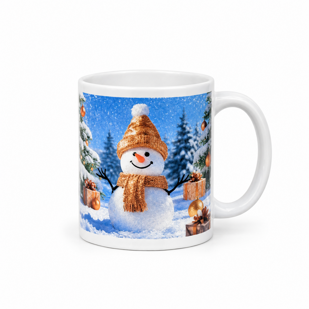 Tasse Freundlicher Schneemann mit Geschenken im Winterwald (325 ml)