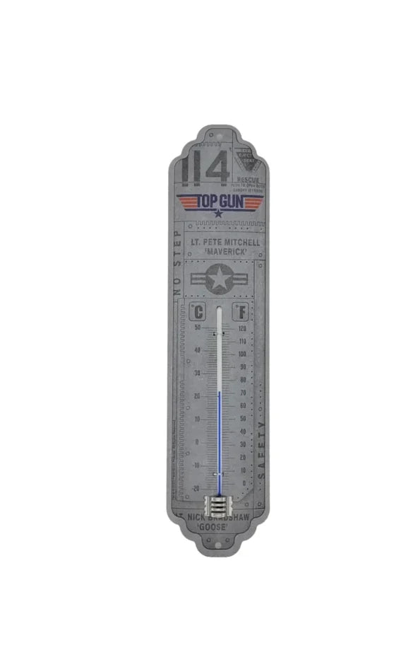 Metallthermometer im Nostalgic-Art-Design mit „Top Gun“-Motiv; rechteckige Form, dekorativer Druck mit Logo und Jet-Grafik, Skala von –20 °C bis +50 °C, zwei Befestigungslöcher oben und unten.