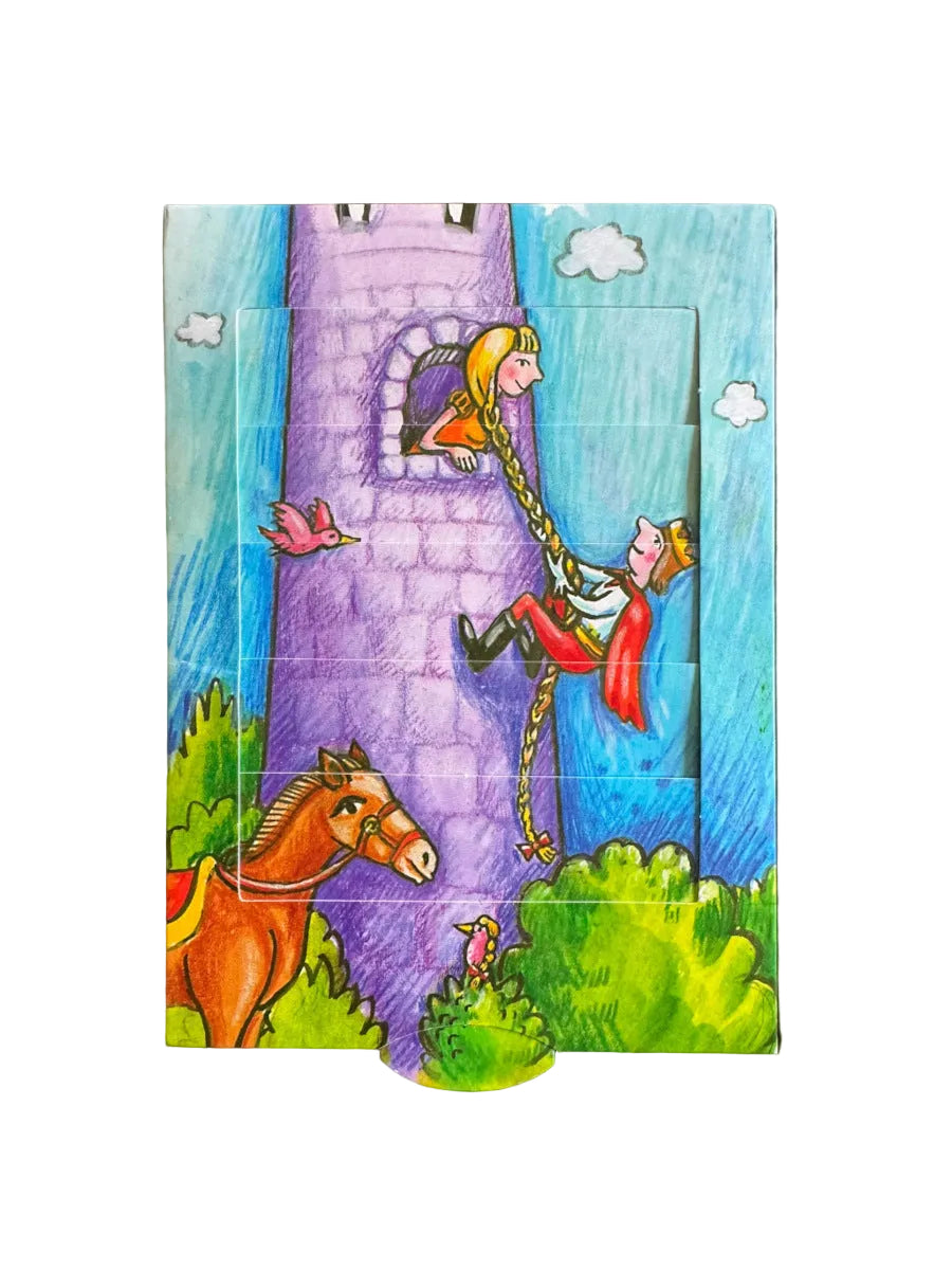 „Postkarte A6 Verwandlungskarte Märchen Rapunzel; doppelseitige, aufklappbare Ziehkarte mit zwei Motiven: Rapunzel schneidet ihren Zopf ab und der Prinz fällt; stabiles Papier, satte Farben, gute Druckqualität, Format 10,5 × 14,8 cm, EAN 4260089021297, Hersteller Bärenpresse Dirk Lampe.“  