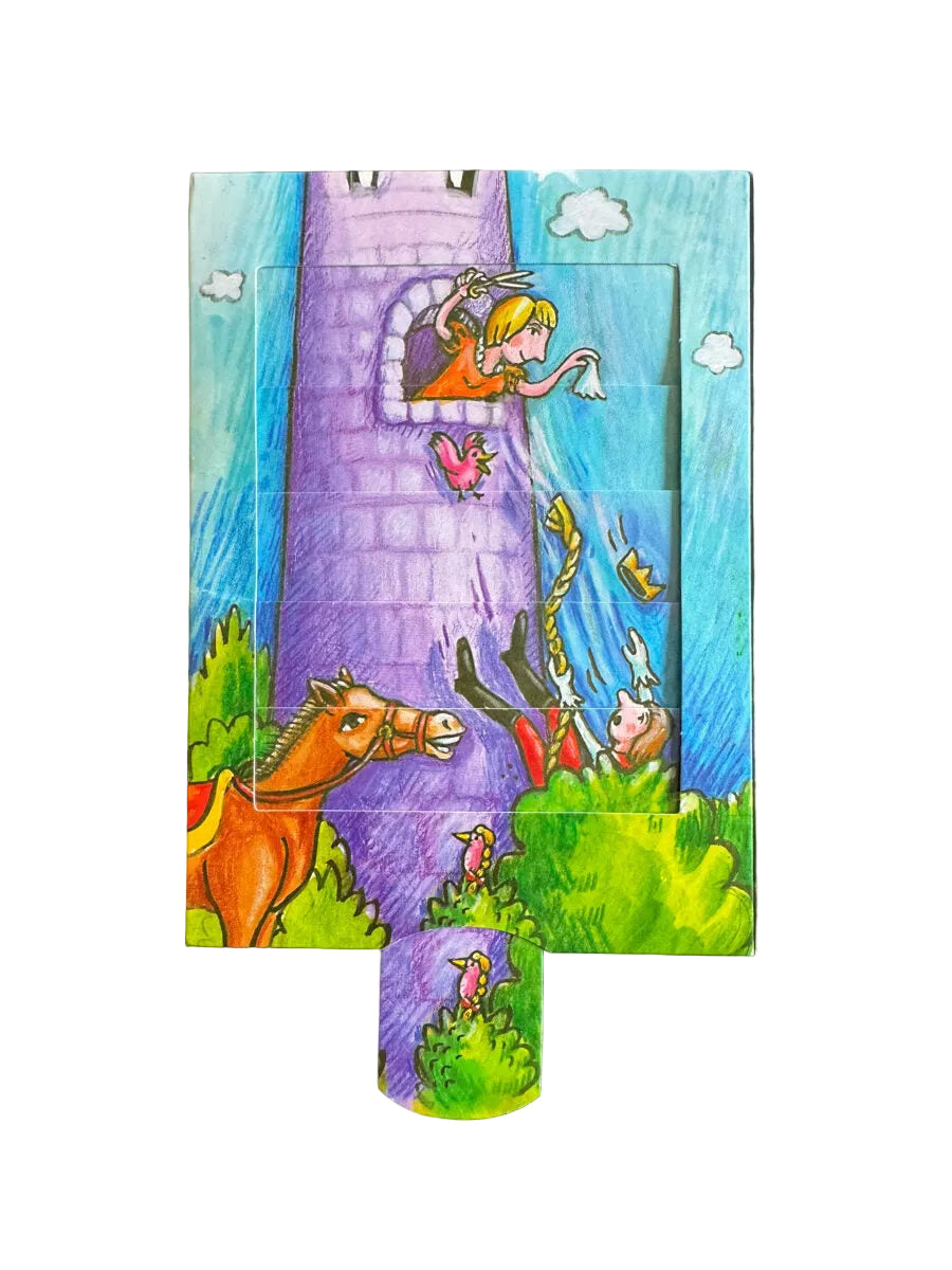 „Postkarte A6 Verwandlungskarte Märchen Rapunzel; stabiles Papier, satte Farben, gute Druckqualität, Format 10,5 × 14,8 cm, EAN 4260089021297, Hersteller Bärenpresse Dirk Lampe.“  