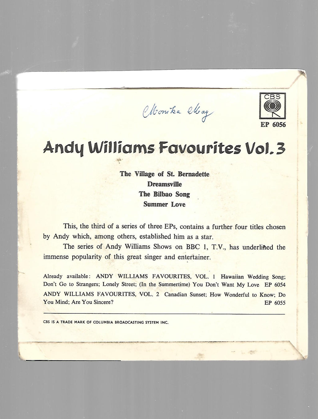 Flohmarkt Vinyl Single Andy Williams favourites The village of St. Bernadette CBS 1965