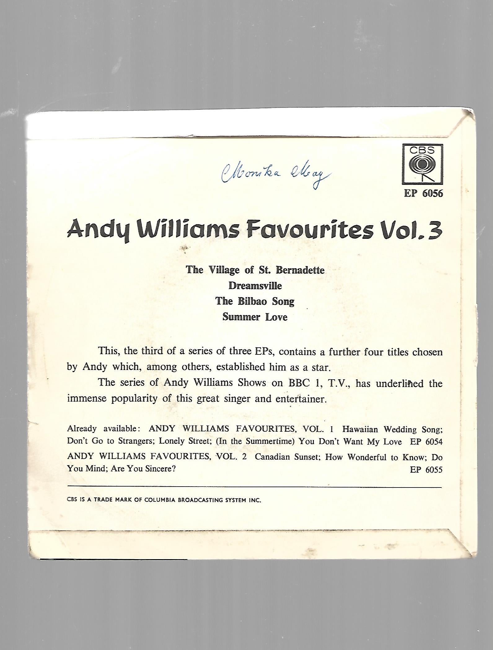 Flohmarkt Vinyl Single Andy Williams favourites The village of St. Bernadette CBS 1965