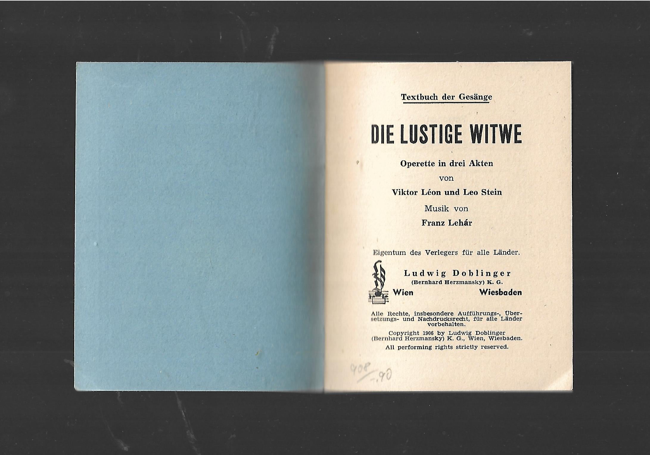 Musik Textbuch der Gesänge Die lustige Witwe Ludwig Doblinger Verlag