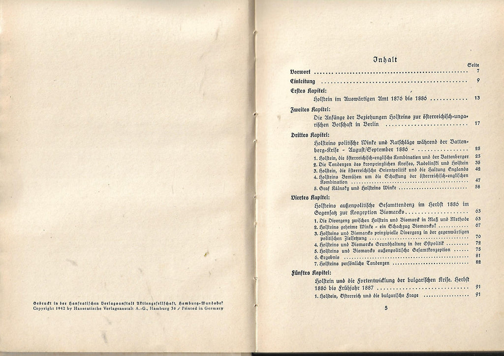 Zeitgeschichte Helmut Krausnick Holsteins Geheimpolitik in der Ära Bismarck 1886 - 1890 Hanseatische Verlagsanstalt Hanburg 1942