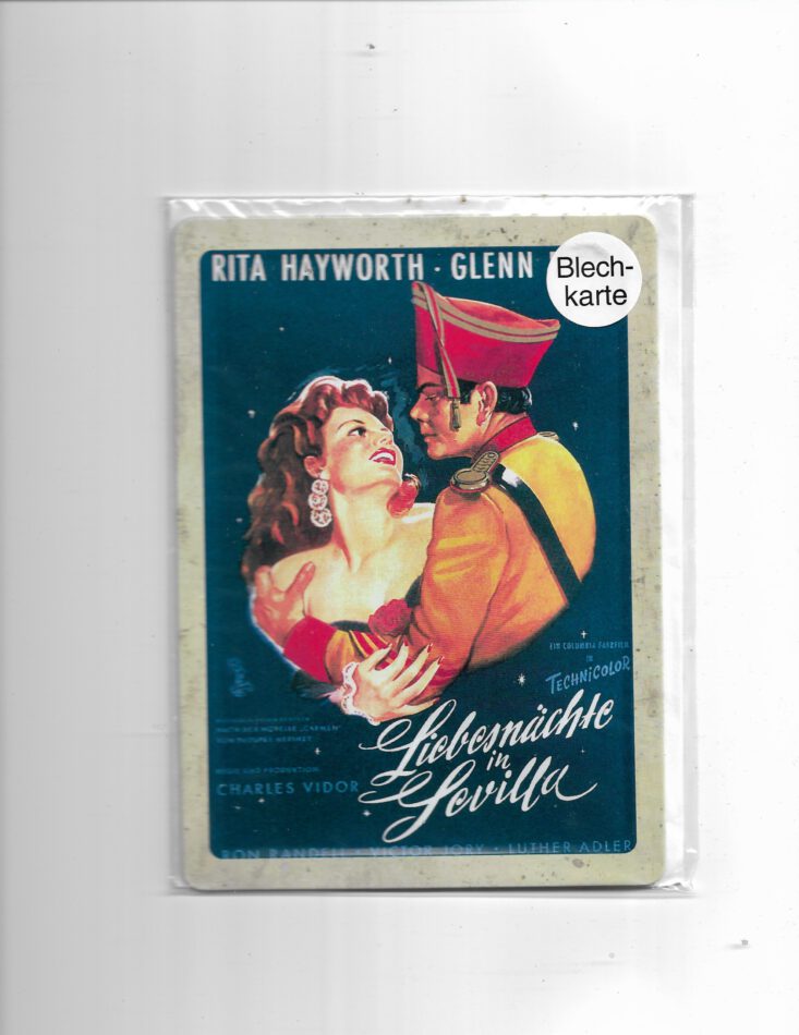 Filmstars Blechpostkarte Rita Hayworth "Liebesnächte in Sevilla"