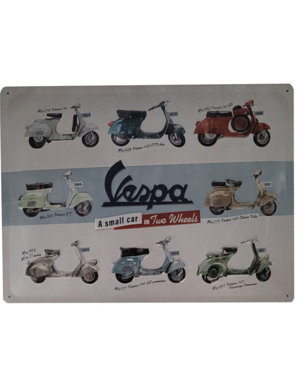 Blechschild VESPA - Model Chart 1945-1976, A Small Car on two Wheels (30 x 40 cm) (Nostalgic Art)