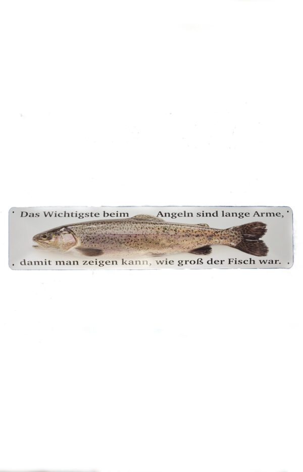 Blechschild Angeln - Das wichtigste am Angeln sind lange Arme,... (46 x 10 cm / "Straßenschild")
