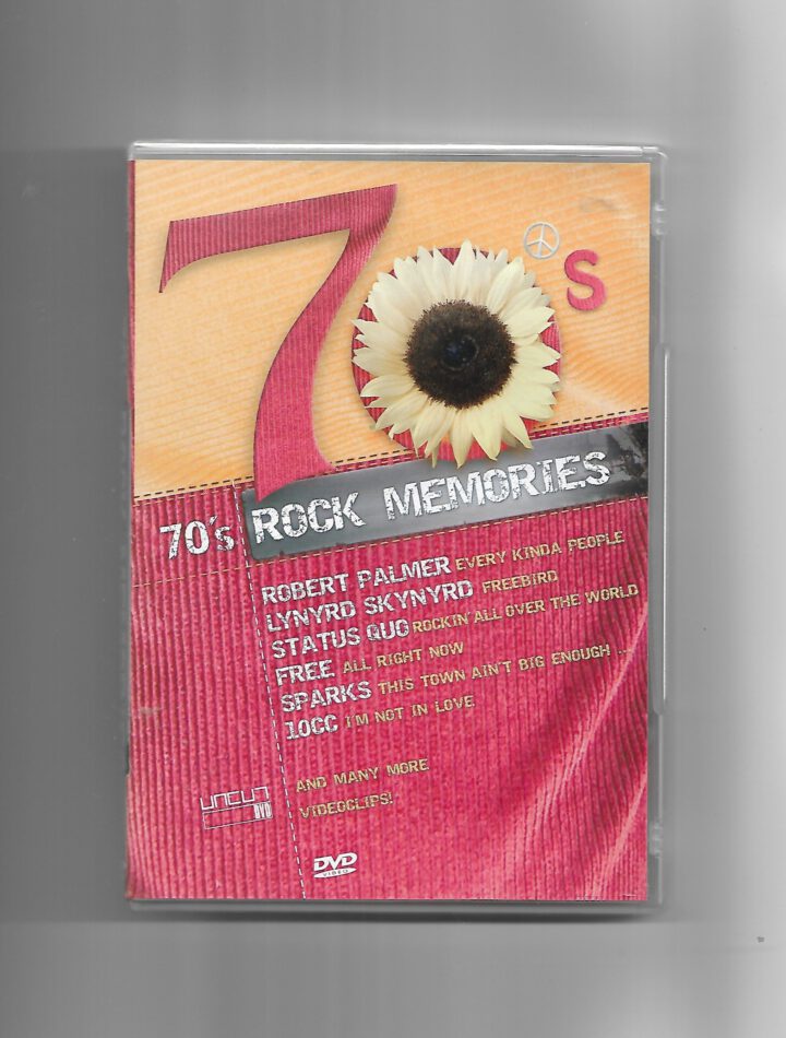 DVD-Cover „70’s Rock Memories – Hits der 70er“ mit Künstlerporträts von Robert Palmer, Status Quo, 10cc und weiteren Rocklegenden. Retro-Design mit typischer 70er-Jahre Farbgebung und typografischem Titel. Musik-DVD mit Live-Mitschnitten und Videoclips aus der Rock-Ära.