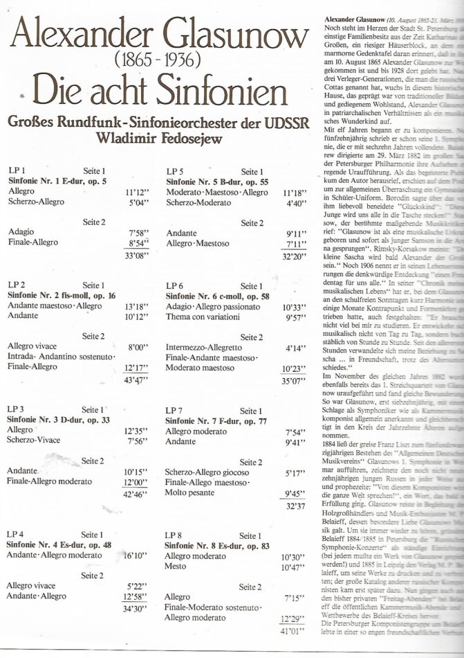 LP 8 Schallplatten: Box Set. Alexander Glasunow Die acht Sinfonien Großes Rundfunk-Sinfonieorchester der UDSSR Wladimir Fedosejew Original 1981 – Bild 2