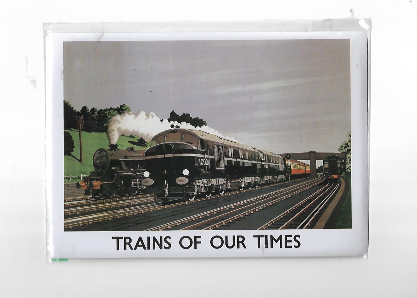 „Blechschild mit nostalgischem Eisenbahnmotiv und dem Schriftzug ‚Trains of our Times‘. Farbintensive Illustration einer historischen Dampflok vor stilisiertem Hintergrund. Format ca. 20 × 15 cm, gewölbtes Stahlblech mit vorgebohrten Löchern zur Wandbefestigung.“