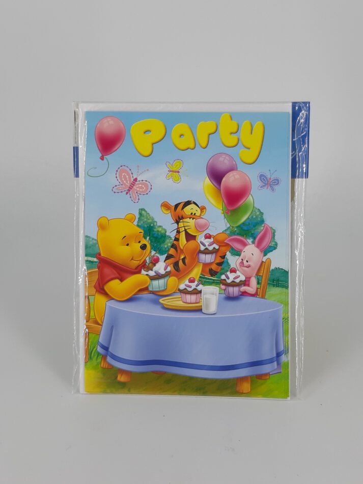 Disney Winnie the Pooh mit Freunden am Geburtstagstisch - 5 x Einladung zum Geburtstag mit Kuvert