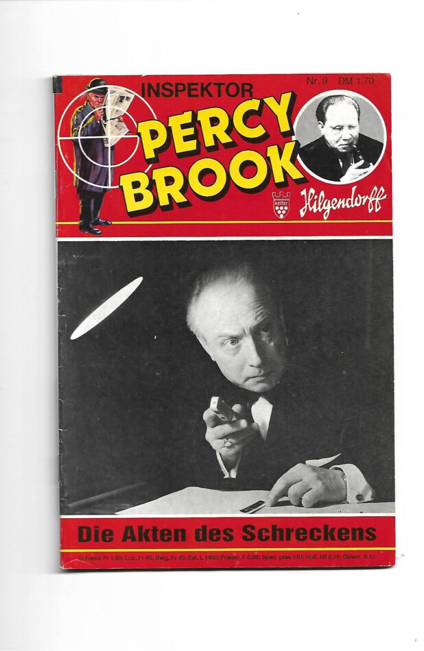 „Romanheft ‚Percy Brook – Die Akten des Schreckens‘, Band 9 der Hilgendorff-Serie. Nachdruck im klassischen Kelter-Stil mit Abenteuerillustration: Zwei Männer klettern eine steile Felswand hinauf, einer reicht dem anderen die Hand. Hintergrund mit dramatischer Berglandschaft. Nostalgisches Heftformat mit typischem 1950er-Jahre Flair.“