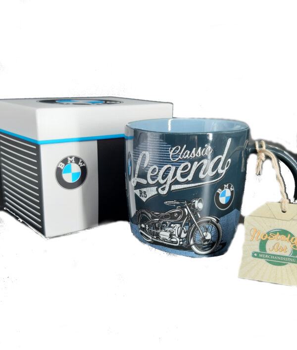 Tasse mit dem Motiv BMW Motorrad R17 in den Farben blaugrau - weiße schrift - schoene griffige tasse mit Geschenkbox bmw logo