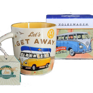 tasse Kaffeebecher VW Bulli Let's Get Away mit exklusiver Geschenkbox/Karton - freundliche helleueberwiegend gelbe farben