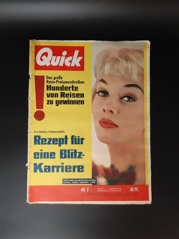 Originalausgabe der QUICK – Illustrierte, Nr. 2 vom 10.01.1959. Titel: Ina Balke. Mit Beiträgen zu Maria Callas und Simmel. Authentisches Zeitdokument aus den 50ern.