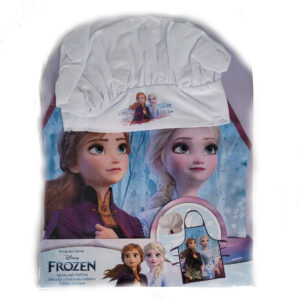 kinderschürze mit anna und elsa, Frozen. bedruckt dazu eine weiße Kochmütze, ebenfalls mit einem kleinen Frozen-Motiv bedruckt