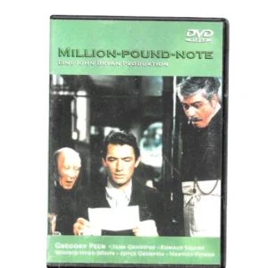 DVD-Cover des Films „Million-Pound-Note“ (London Bryan Production) mit Gregory Peck in der Hauptrolle. Drei Herren in Anzug und Krawatte stehen in einem formellen Raum, vermutlich einem Bankbüro. Der mittlere Mann – Gregory Peck – wird von zwei anderen flankiert, die in ein Gespräch oder eine Transaktion vertieft sind. Die Namen der Darsteller sind in grüner und weißer Schrift auf dem Cover vermerkt.
