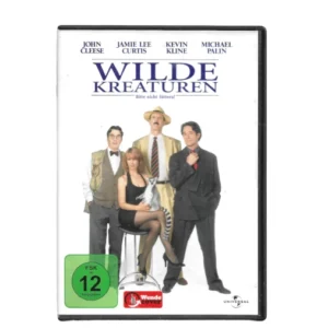DVD-Cover „Wilde Kreaturen – Bitte nicht füttern!“ mit John Cleese, Jamie Lee Curtis, Kevin Kline und Michael Palin. Das Motiv zeigt das Ensemble in humorvoller Zoo-Atmosphäre, passend zur britischen Komödie über schräge Marketingideen und tierische Missverständnisse. Die Gestaltung erinnert an den Kultfilm „Ein Fisch namens Wanda“ und vermittelt satirischen Charme mit Slapstick-Elementen.