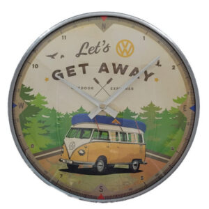 Wanduhr - VW Bulli - Let`s get away -gelb-weißer Bulli vor grünem Hintergrund