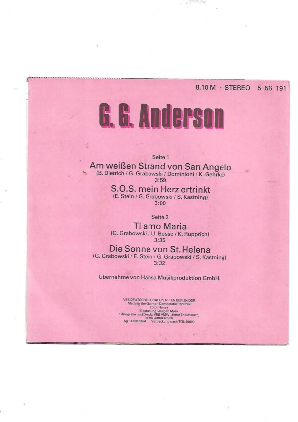 Vinyl Single G.G. Anderson - Am weißen Strand von San Angelo Amiga Quartett 1988 A - Am weißen Strand von San Angelo/SOS mein Herz ertrinkt B - Ti amo Maria / Die Sonne von St. Helena rueckseite