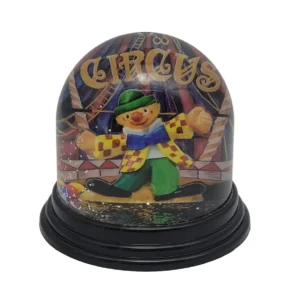 „Schneekugel mit Zirkus-Clown vor CIRCUS-Zelt, ca. 8 cm, Glitzerpartikel, schwarzer Sockel, Vintage-Deko