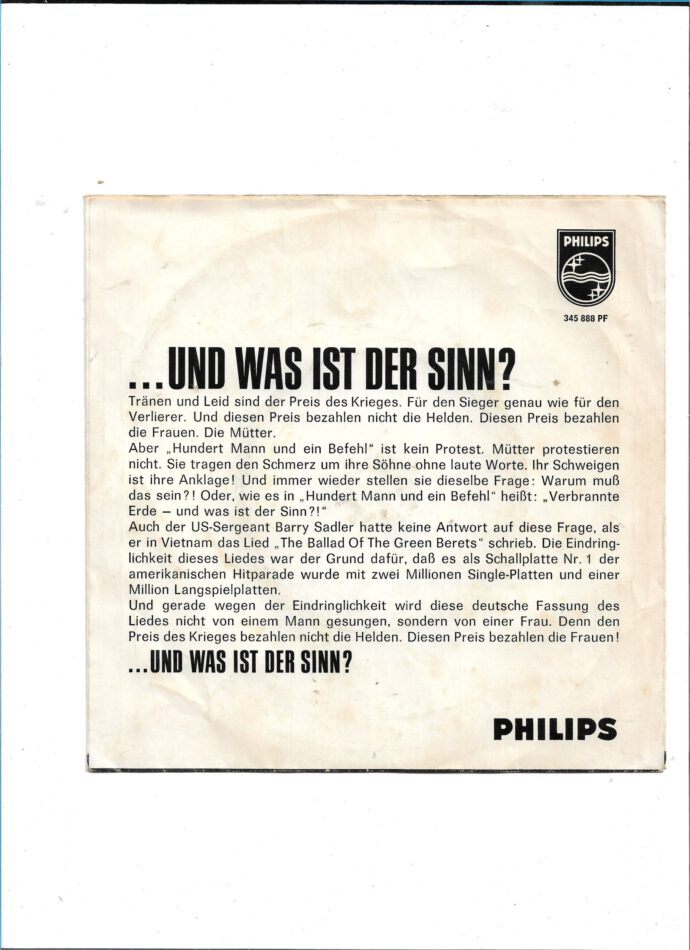 Flohmarkt Vinyl Single Heidi Brühl - Hundert Mann und ein Befehl – Bild 2