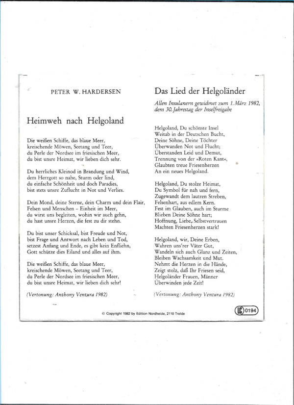 Flohmarkt Vinyl Single Das Lied der Helgoländer - Elite 1982 – Bild 2