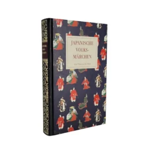 „Buchcover von ‚Japanische Volksmärchen‘ mit dunkel gemustertem Hintergrund und traditionellen japanischen Figuren in bunten Gewändern. Goldgeprägter Buchrücken und dekorative Gestaltung im Stil einer Schmuckausgabe.“