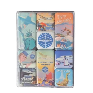 „Pan Am Magnetset – 9-teiliges Retro-Design mit Reiseplakatmotiven in transparenter Geschenkbox, kraftvolle Epoxidharz-Magnete für Kühlschrank und Magnetwand, Nostalgic Art“