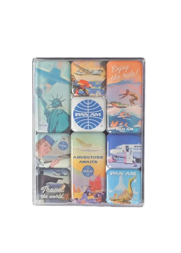 „Pan Am Magnetset – 9-teiliges Retro-Design mit Reiseplakatmotiven in transparenter Geschenkbox, kraftvolle Epoxidharz-Magnete für Kühlschrank und Magnetwand, Nostalgic Art“