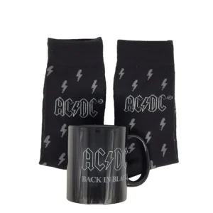Schwarze ACDC-Socken mit silbernen Blitzen und großem „ACDC“-Schriftzug; Baumwollmischung, Einheitsgröße EU 39–45. Tasse mit schriftzug acdc