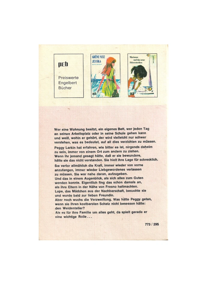 „Buchcover des Jugendromans ‚Peggy‘ von Doris Gates, Engelbert Bucherei. Zwei Mädchen stehen vor einem grünen Hügel mit Baum und weißem Haus. Titel in pink, Autorname in gelb, Verlag peh unten links.“