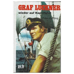 „Buchcover des Jugendromans ‚Graf Luckner wieder auf Kaperfahrt‘ von Peter Gording, Engelbert Verlag 1971. Hardcover mit maritimer Illustration, zeigt ein rotes Auto auf Küstenstraße und ein weißes Haus auf einer Klippe.“
