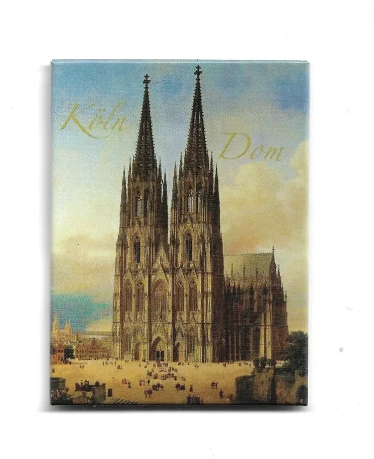 Illustration des Kölner Doms mit zwei gotischen Türmen, belebtem Vorplatz und leicht bewölktem Himmel; dekorativer Schriftzug „Köln Dom“ oben im Bild.