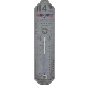 Metallthermometer im Nostalgic-Art-Design mit „Top Gun“-Motiv; rechteckige Form, dekorativer Druck mit Logo und Jet-Grafik, Skala von –20 °C bis +50 °C, zwei Befestigungslöcher oben und unten.