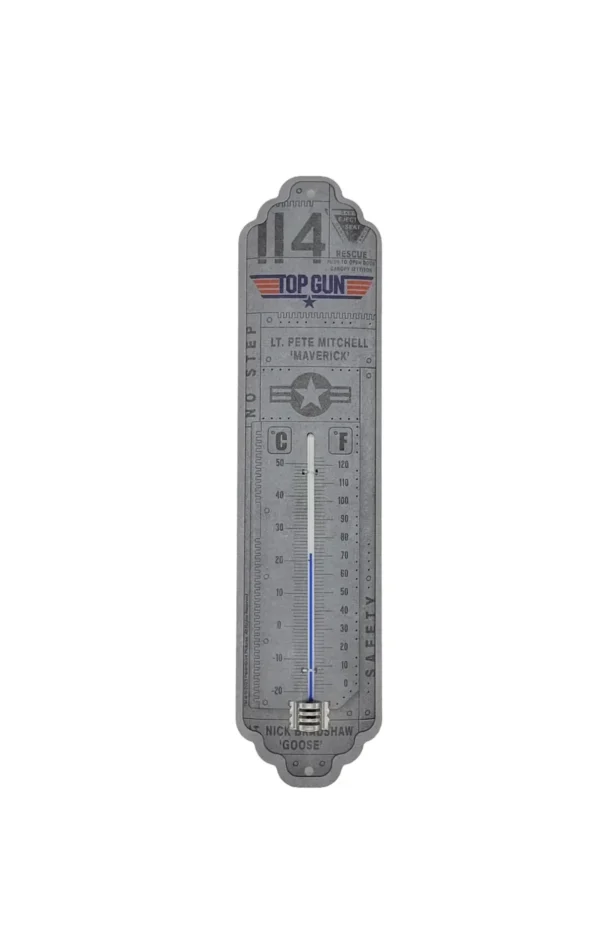 Metallthermometer im Nostalgic-Art-Design mit „Top Gun“-Motiv; rechteckige Form, dekorativer Druck mit Logo und Jet-Grafik, Skala von –20 °C bis +50 °C, zwei Befestigungslöcher oben und unten.