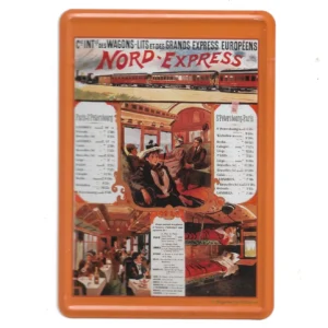 „Blechpostkarte mit historischem Zugmotiv: Nord-Express, Luxuszug Paris–St. Petersburg, ca. 10 × 14 cm, neu in OVP.“