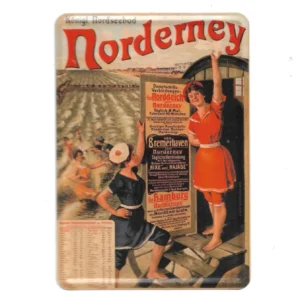 „Blechpostkarte mit Vintage-Strandmotiv: Badegäste in Norderney, Dampfschiff-Fahrplan, ca. 10 × 14 cm.“