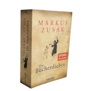 „Die Bücherdiebin – Markus Zusak, Blanvalet Taschenbuch, SPIEGEL Bestseller, EAN 9783442373956, beige Cover mit der Bücherdiebin und dem Tod als Figur.“