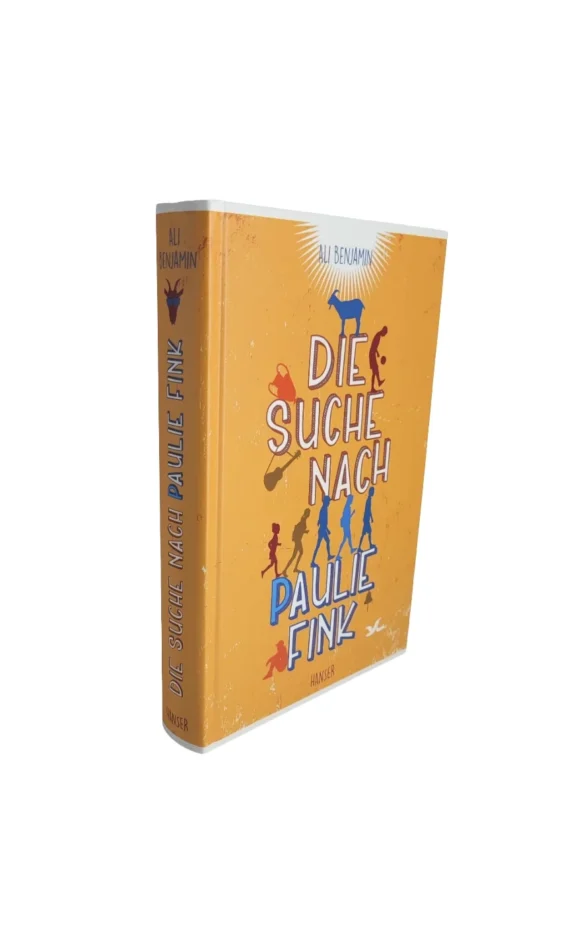 „Ali Benjamin: Die Suche nach Paulie Fink, Hanser Verlag, gebrauchtes Jugendbuch, ISBN 978-3-446-26949-1, orangefarbener Einband mit Silhouetten.