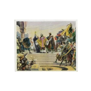 „Sammelbild Eckstein Nr. 5 mit mittelalterlicher Zeremonie, Würdenträgern und knienden Rittern auf Treppe“